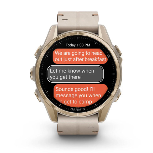 fēnix® 8 – 43мм, AMOLED, Sapphire, Soft Gold з Limestone сірим шкіряним ремінцем 010-02903-40